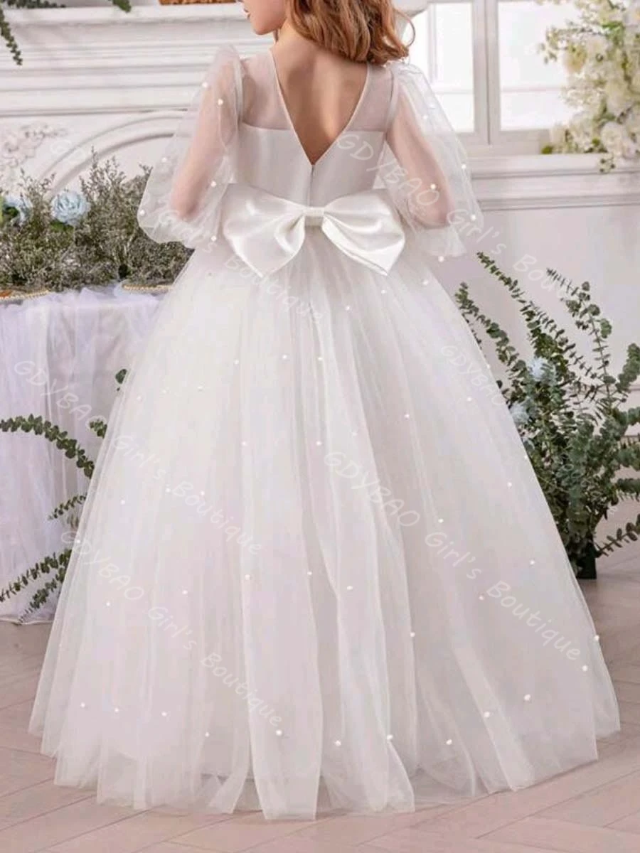 Vestido de niña de flores de color marfil para boda, vestido de primera comunión con manga de globo y cuello transparente con perlas, vestido de fiesta personalizado