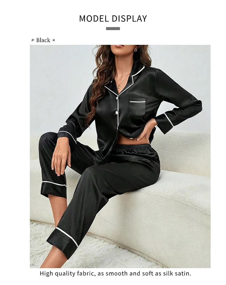Plus Size Pyjamas Damen Herbst und Winter Eisseide Langarm Zweiteiliges Set Loungewear Nachtwäsche Damen Einfarbige Nachtwäsche – Detail 6