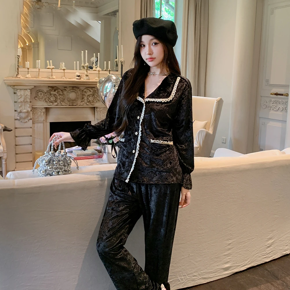 Female 2PCS Velour Pajamas Set Lounge Wear Luxury French Court Style Sleepwear Cardigan Pijamas Autumn Winter Velvet Pyjamas