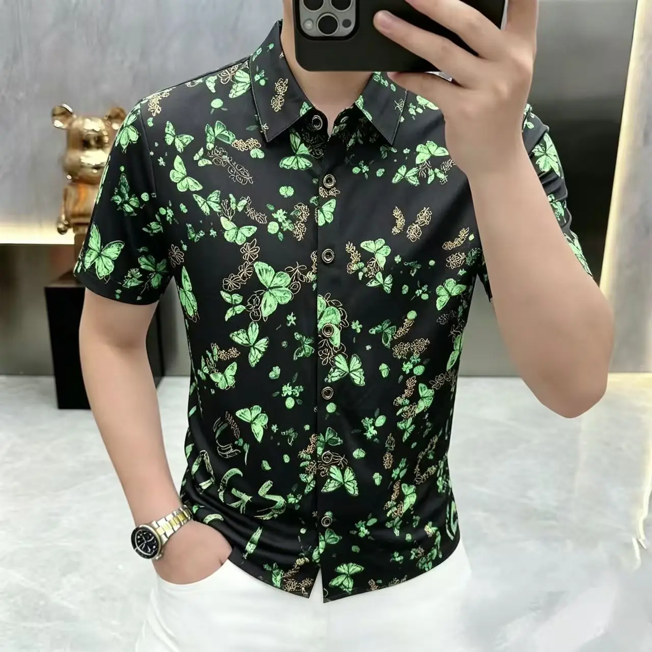 European Style Luxury Shirts For Men Short Sleeve Butterfly Print Summer Quality Coolness Anti-Wrinkle Fashion Camisas De Hombre