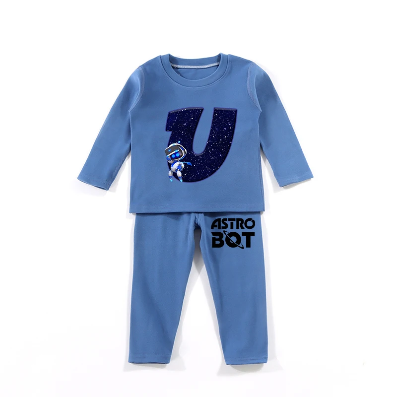 2PCS Astro Bot Kids Pajamas Set Anime Printed Letter Autumn Winter Warm Shirt Tops Boys Girls Children Clothing Nightshirt Gift