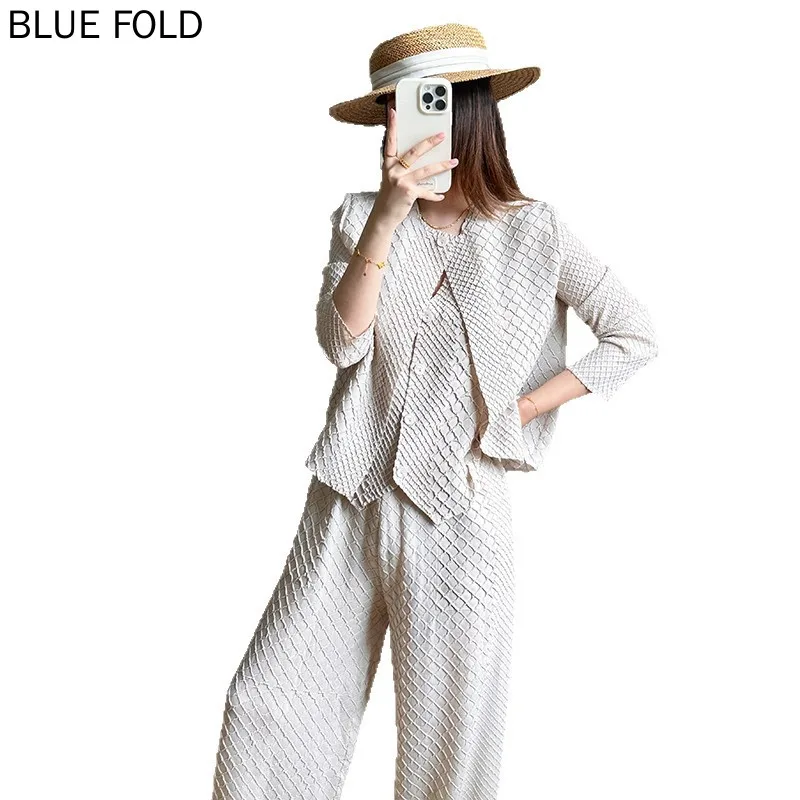 미야케 통근 기질 3피스 여성 고급 플리츠 패션 고급 바지 정장