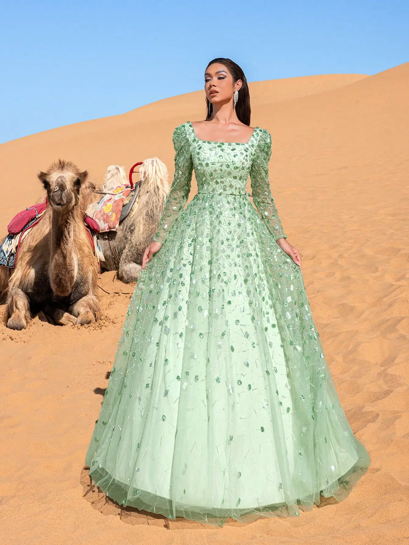 Haute Glamour ชุดราตรีประดับด้วยลูกปัดเลื่อมสุดสวยพร้อมแขนยาวและเสื้อท่อนบนพอดีตัว - ซ้อนทับเชียร์หรูหราและแสงพราว E