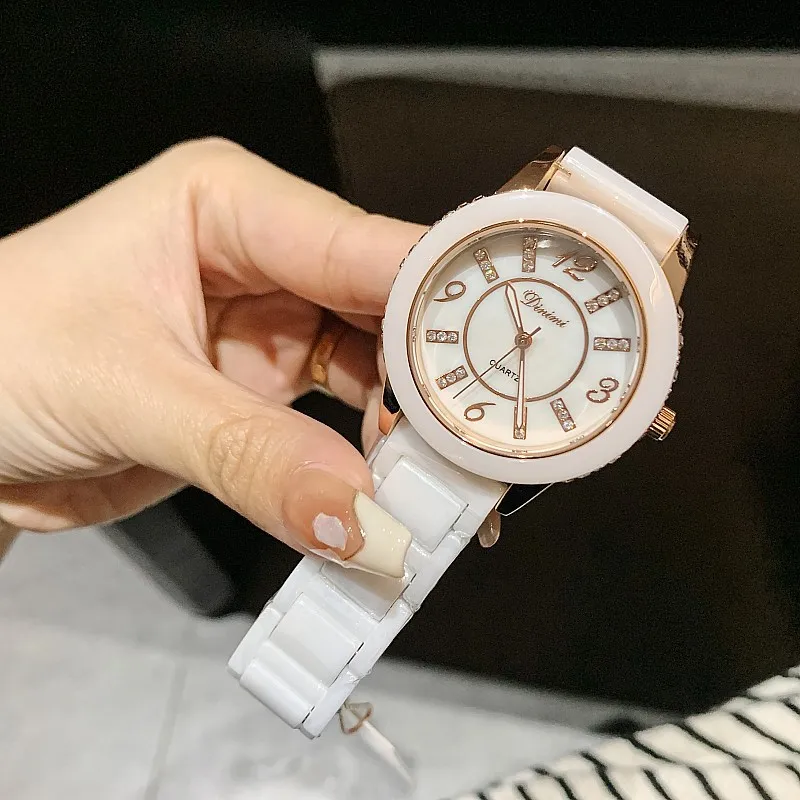 New Korean Version White Ceramic Watch with Diamond Inlaid Quartz Waterproof Top Brand Luxury Women\'s Watch Relogio Feminino