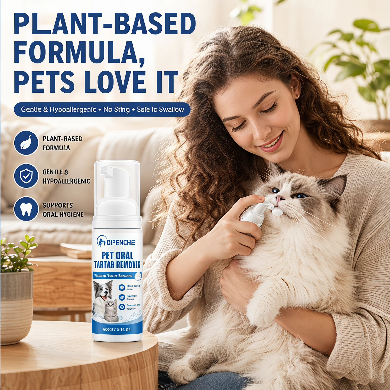 Pet Oral Tartar Remover Foam, 60ml Dog Cat Dental Cleaning Foam, Helps Remove Tartar Plaque, Freshen Breath, Support Pet Oral Hy