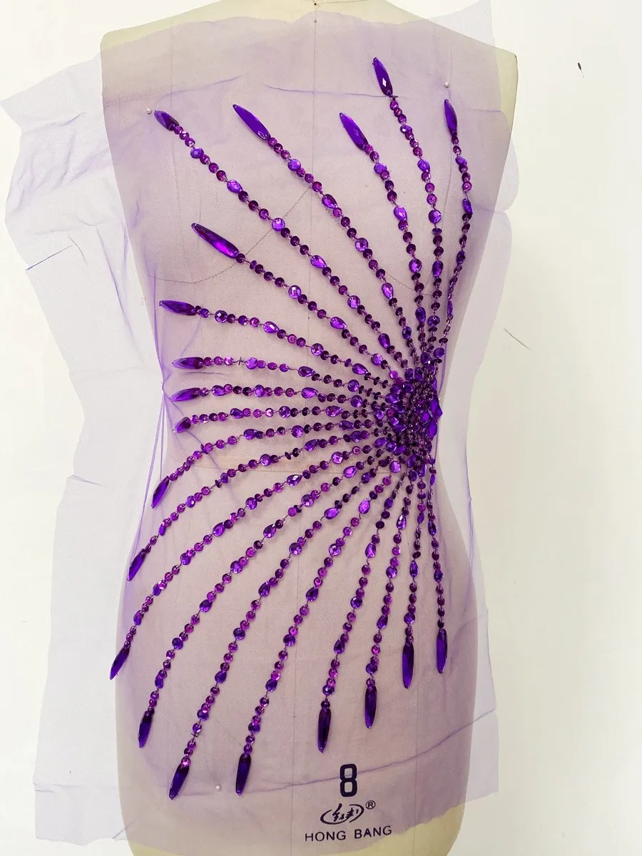 Ray-Design Beaded Sequins Rhinestone Tulle Applique Hand Stitched Embellishments for DIY Evening Dress Stage Costumes Fabric