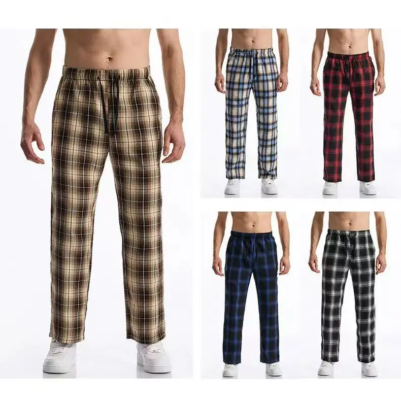 Good-Looking Men's Home Pants with Grid Pattern, Simple, Loose, Casual Gray Home Pajama Pants