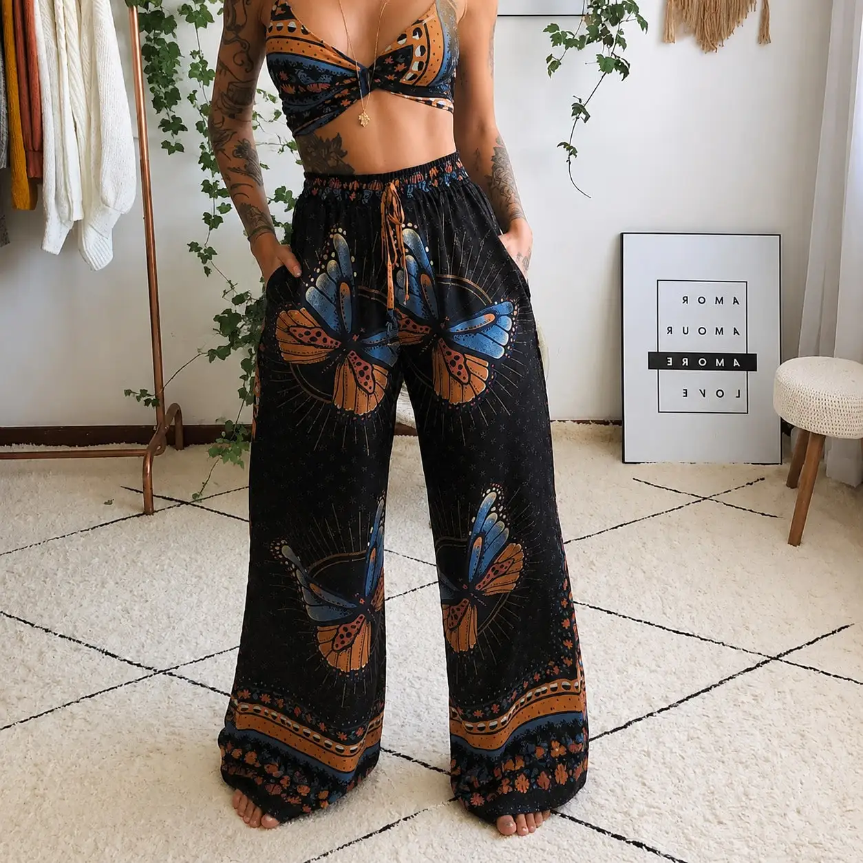 Butterfly Print Halter Sleeveless Crop Top And Elastic Waist Wide Leg Pants Two Piece Set Boho Summer