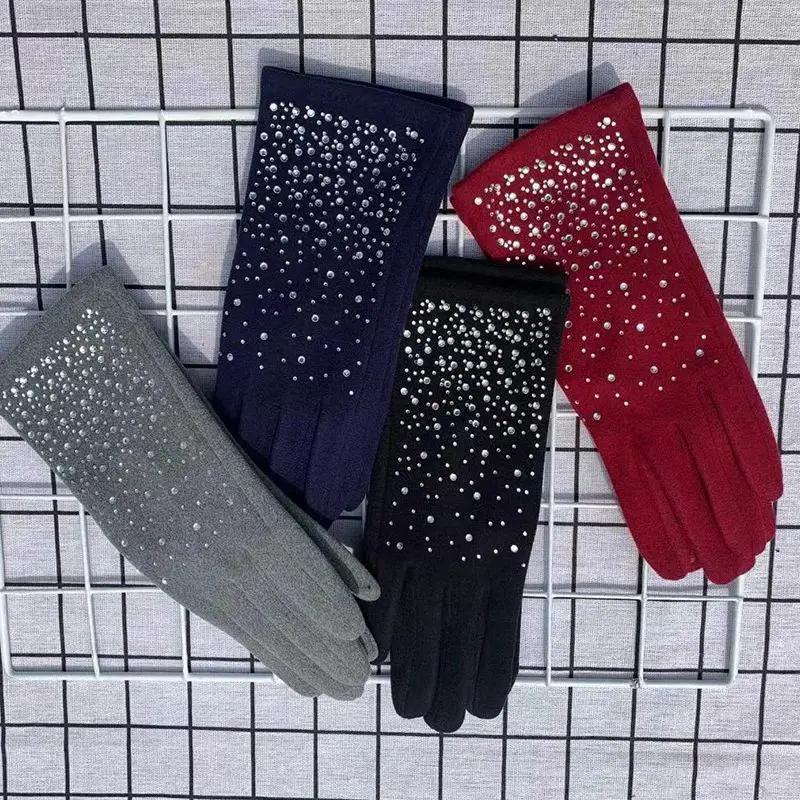 الشتاء أزياء الماس قفازات النساء خمر أنيقة شاشة تعمل باللمس الدراجات محرك سميكة يندبروف الدفء القفازات