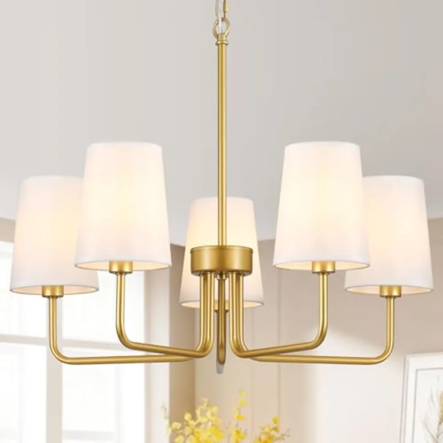 

Modern Farmhouse Chandelier for Kitchen Over Table, 5-Light Gold Metal with White Fabric Shade, Height Adjustable Industrial Pe