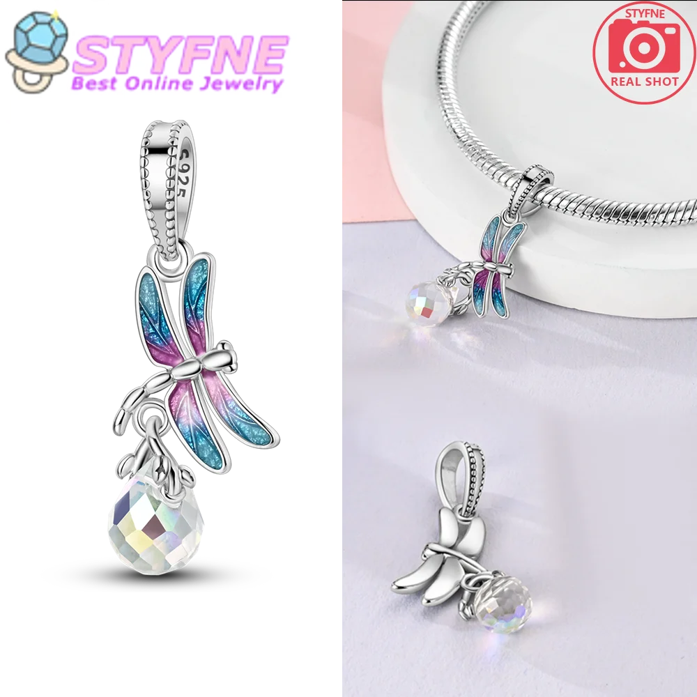 

Fashionable 925 Sterling Silver Dragonfly Crystal Charm Fit DIY Bracelet Necklace For Women's Garden Play Jewelry Accessories