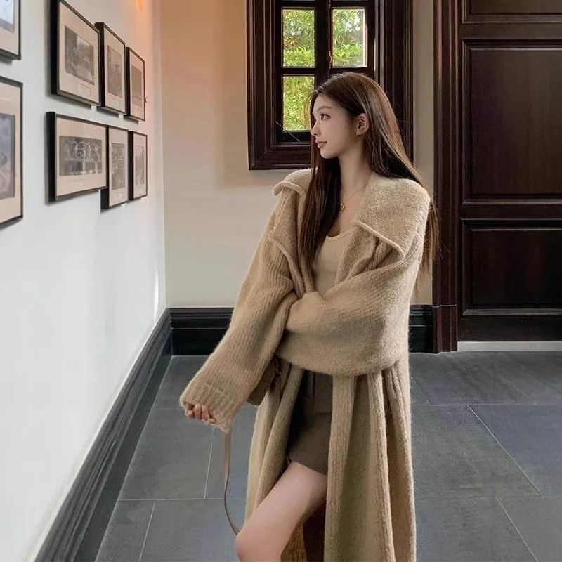 

Wool And Mohair Coffee Color Long Sweater Women, Autumn And Winter Lazy Style Turn-Down Collar Cardigan, Mid-Length Lazy Sty