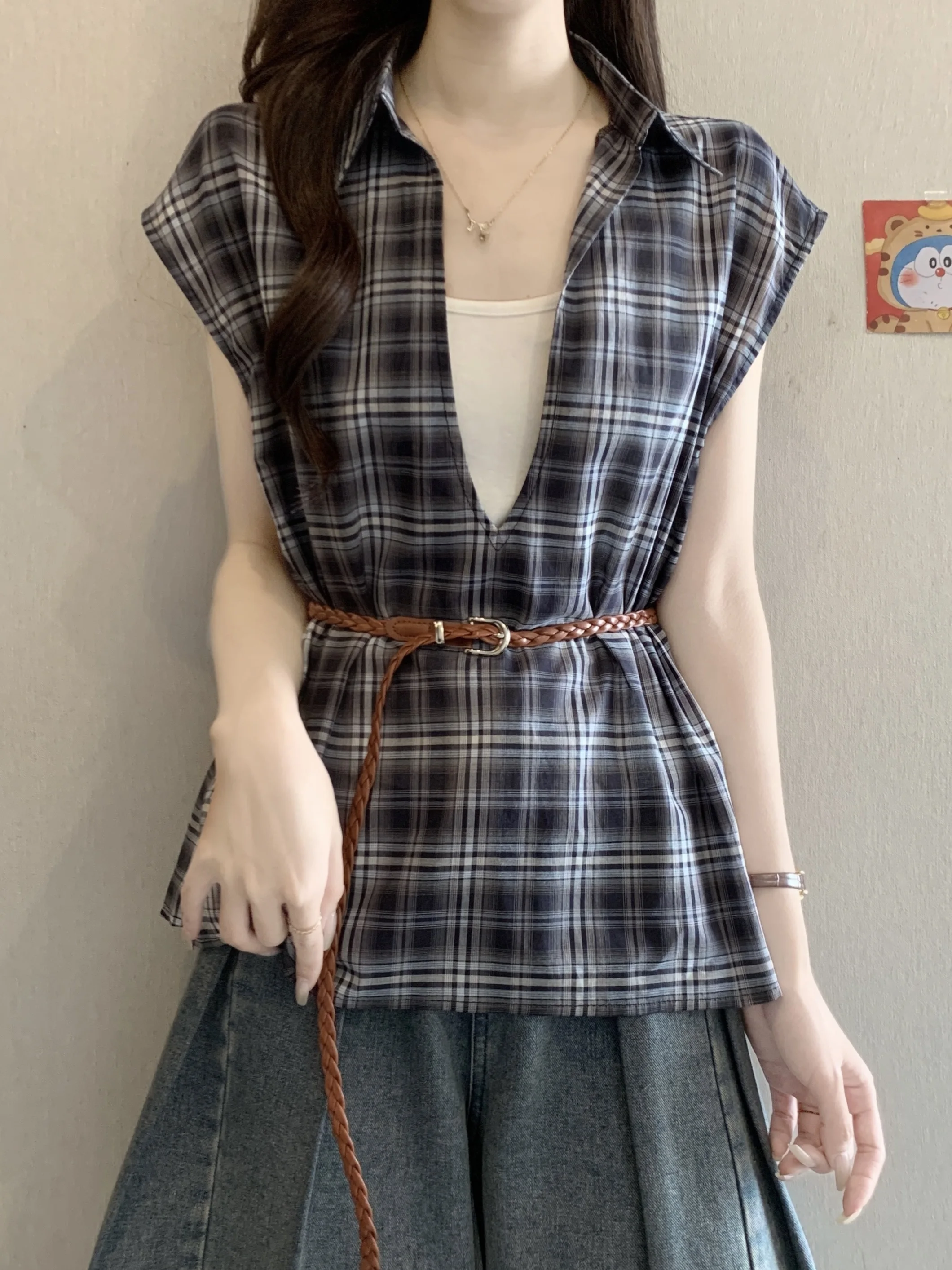 

plus Size Shirt V-Neck Plaid Slimming Short Sleeve Women's Korean Style Loose Fit Summer Top Waist-Cinching Meat-Covering