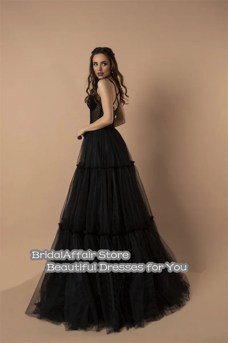 BridalAffair Modern Black Dotted Tulle Evening Dress Sweetheart Corset Long Party Dress A Line Maxi Christmas Evening Gown 2022