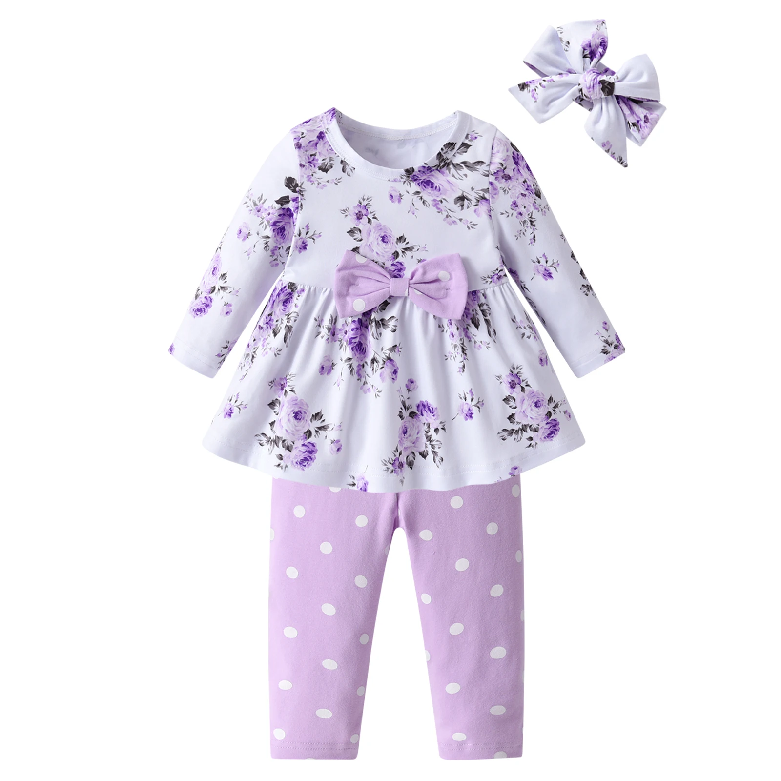 

Trend New Baby Girl Clothes Set Cotton Floral Long Sleeve Top and Polka Dots Printed Pants with Headband Toddler Girls Outfit