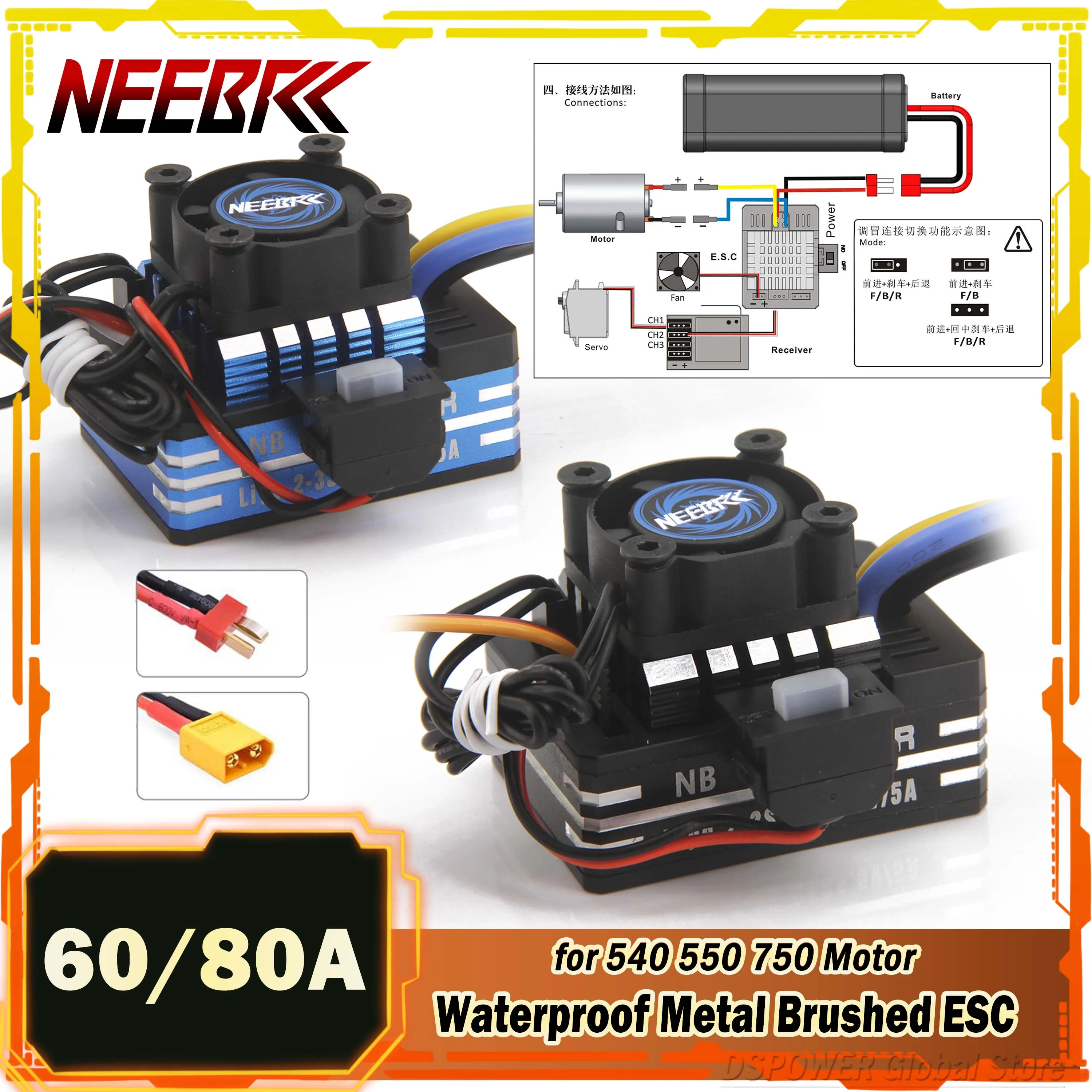 NEEBRC Waterproof 60A 80A Metal Brushed ESC 2-3S BEC 25mm RC Cooling Fan Heatsink for 540 550 750 Motor Vehicles Boat Tank Car