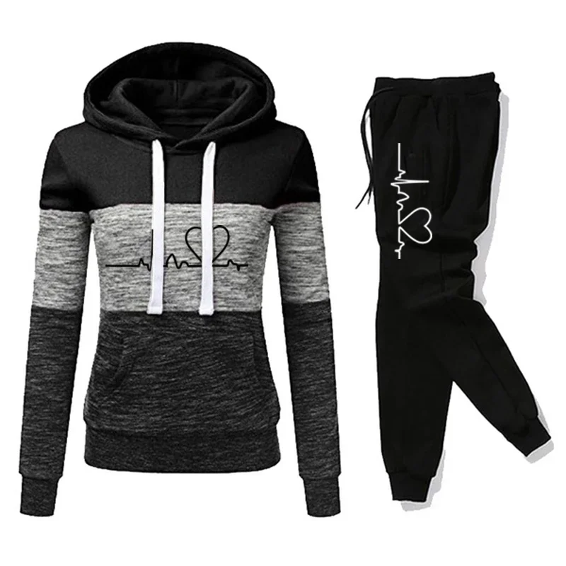 Women Tracksuit Printing Hooded Sweatshirt Sweatpant Color Block Versatile Casual Jogging Pullovers Sport Trousers Outfits S-3XL