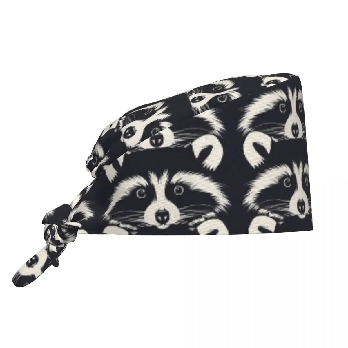 Black And White Raccoon Face Pattern Scrub Hat Doctor Working Surgical Cap Unisex Adjustable Nursing Caps for Dentist