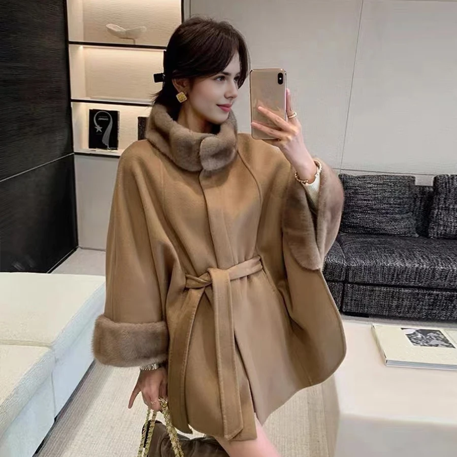 เสื้อแจ็คเก็ตผสมขนสัตว์พร้อมเข็มขัด เสื้อโค้ทขนสัตว์ผู้หญิง เสื้อโค้ทแคชเมียร์ผู้หญิงสไตล์ใหม่สุดหรู