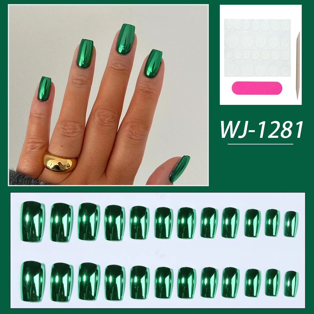 Green Gold short square nail Metallic fake nail nail patch Press nail removable reusable is 24pcs/ set for women and girls