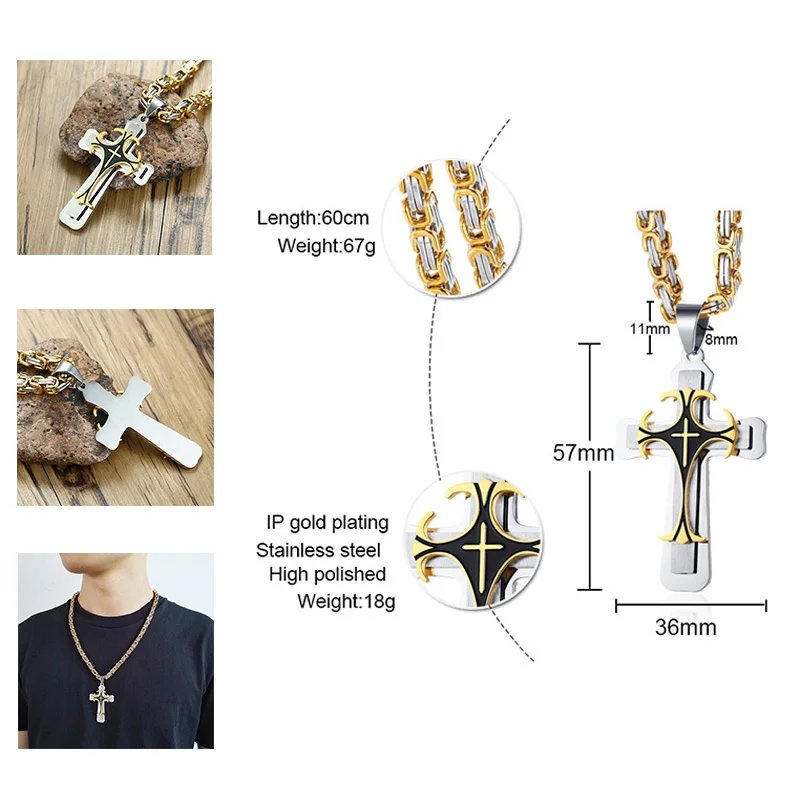 Rock Cross Necklace for Men,Gold Color Stainless Steel Stylish Byzantine Chain,Catholic Crucifix Pendant Collar Jewelry