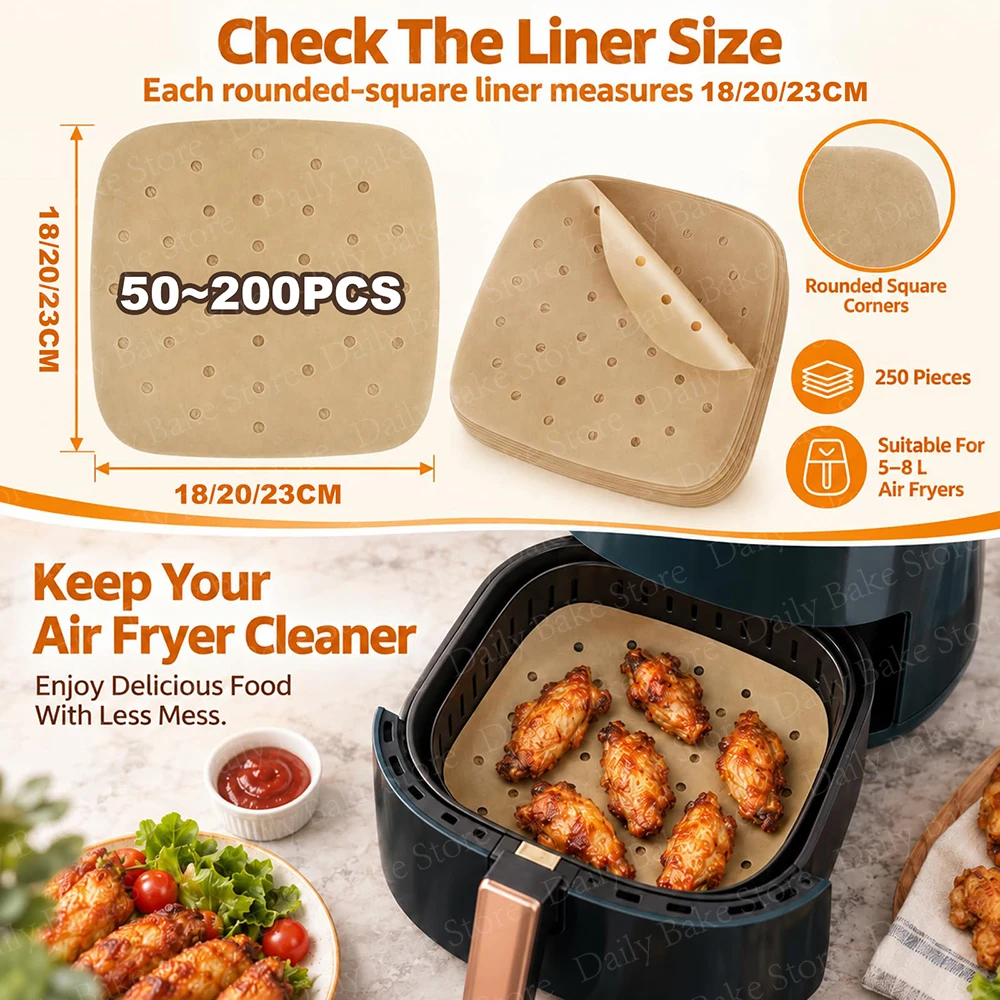 Perforated Air Fryer Parchment Baking Paper as Underlay, 18/20/23cm, Square Non-stick Unbleached Frying Paper Liners With Hole