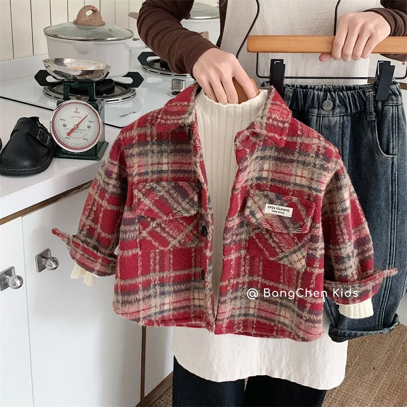 

Boys' retro jacket shirt 2025 new versatile outdoor sports children's shirt single breasted double pocket children's clothing