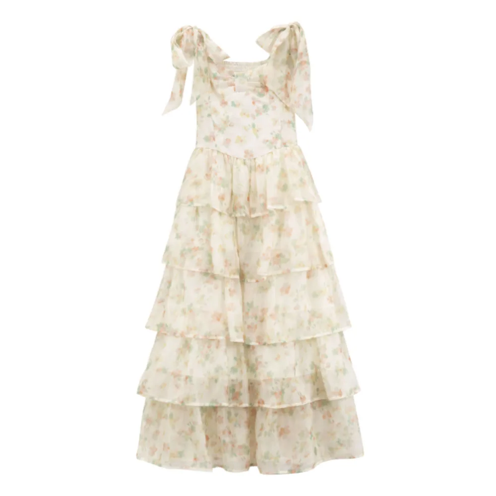 

Elegant Floral Print Chiffon Long Dress for Women Spaghetti Strap Slim A-Line Layered Vestido 2023 Summer Casual Streetwear Robe
