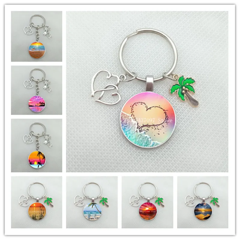 Beautiful Beach View painting glass keychain ocean landscape charm keychain coconut tree key ring relax travel jewelry gift