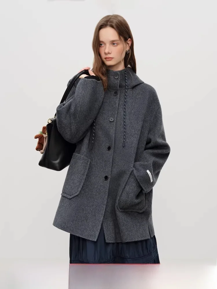 

Двустороннее шерстяное пальто Miu Sle с капюшоном для женщин, средней длины, с эффектом омоложения, от Van Slane