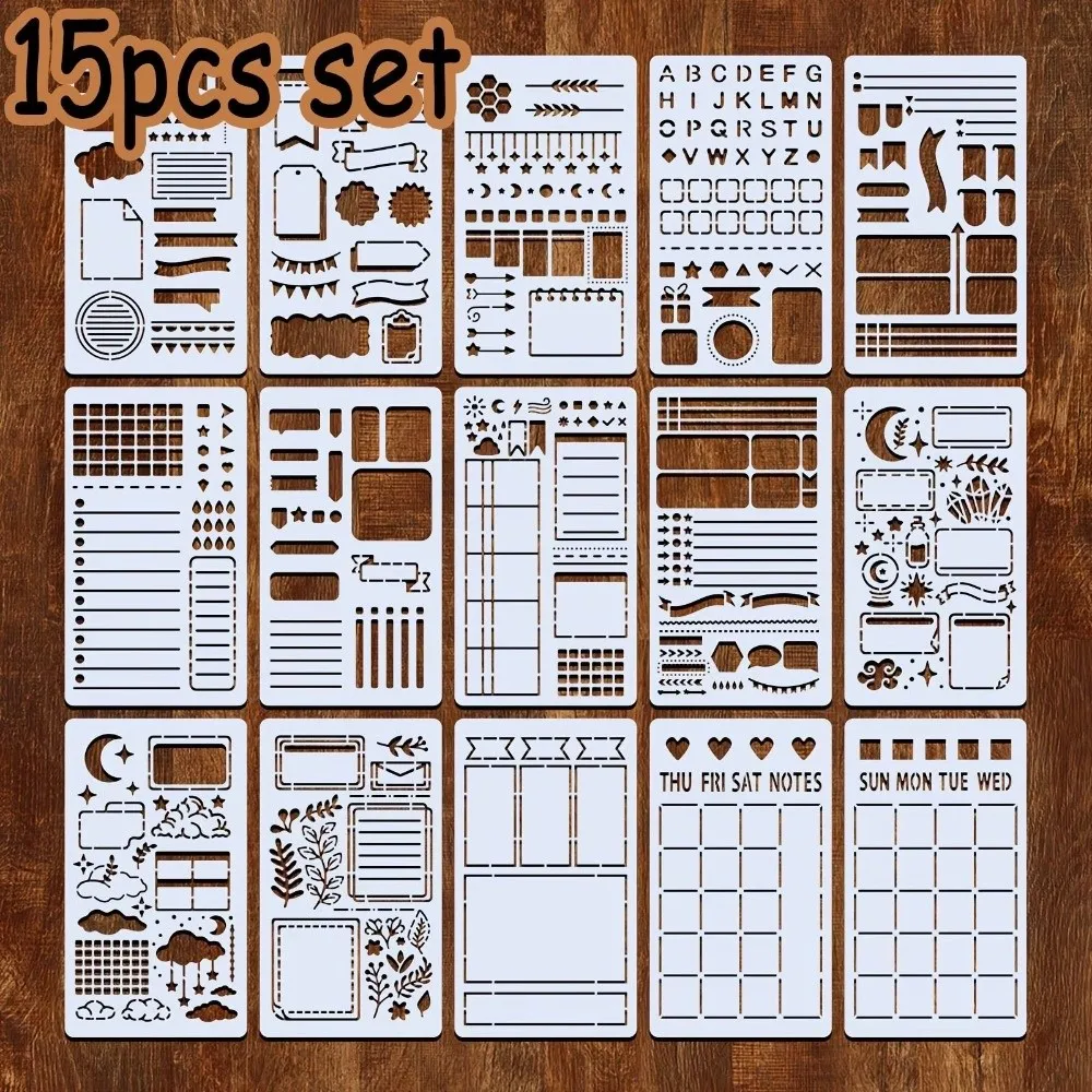 15pcs/set Reusable Diary Drawing Templates Multifunctional DIY Planner Template Acrylic Handmade Stencil Set Journal Stationery