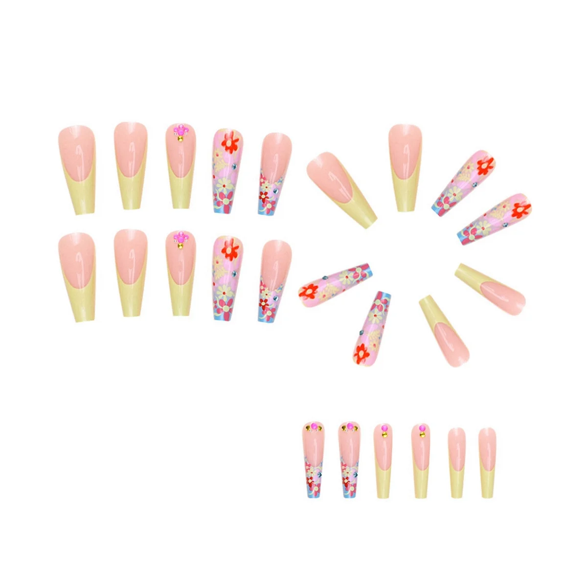 Rainbow Flower Applique Diamond Graffiti False Nails Long Coffin Nail Tip Detachable Press on Nails Manicure