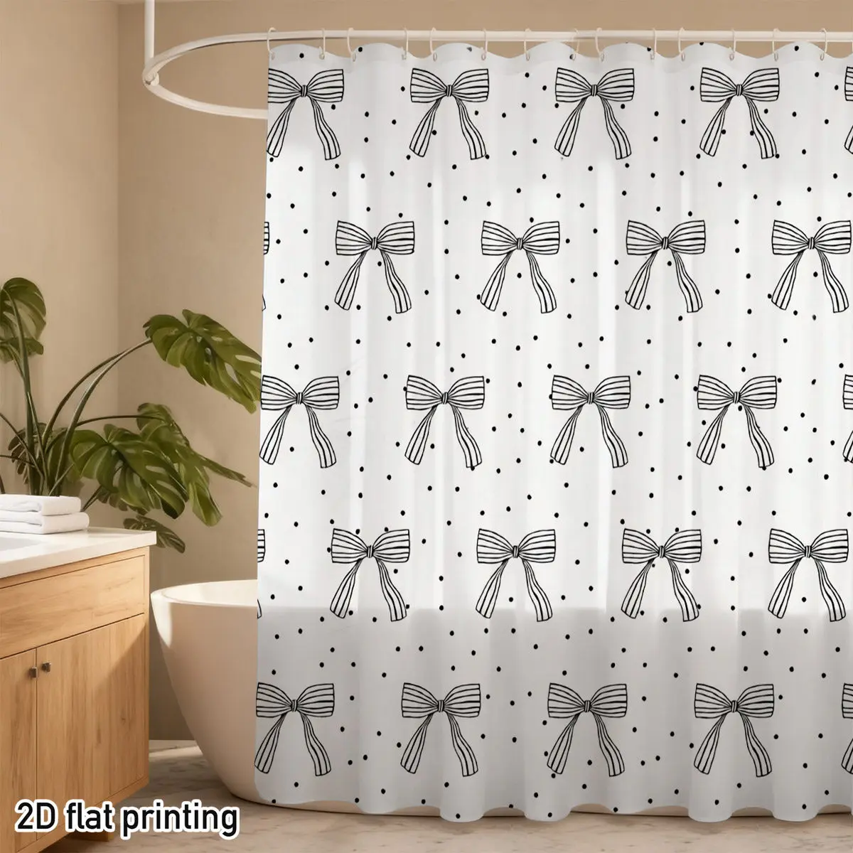 Minimalist Bow Motif Shower Curtain – Black Line Art on White with Polka Dots, Polyester, 12 Grommets, Machine Washable