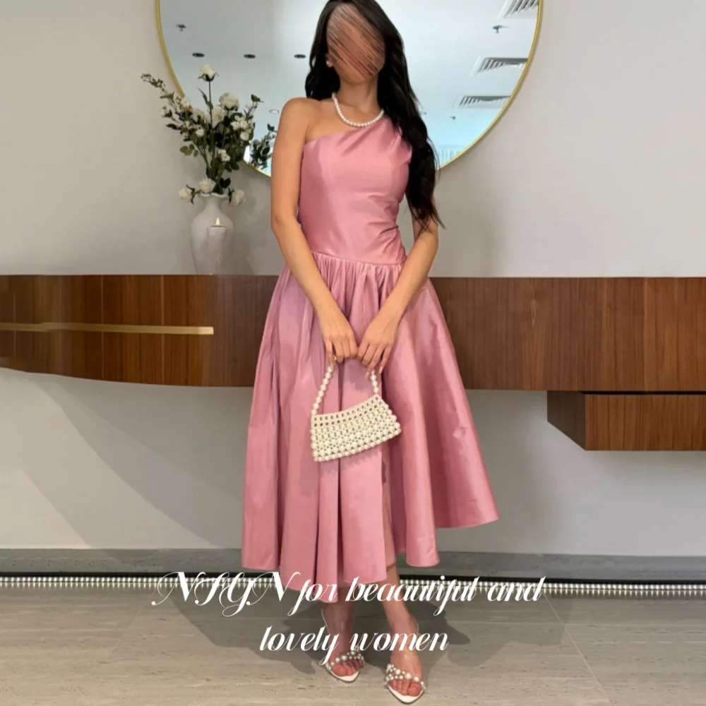 

NFYN Pink Elegant Formal Gown Sleeveless Back Zipper Prom Dresses Satin Mid-Calf Evening Dresses for Woman حزب فساتين Customized