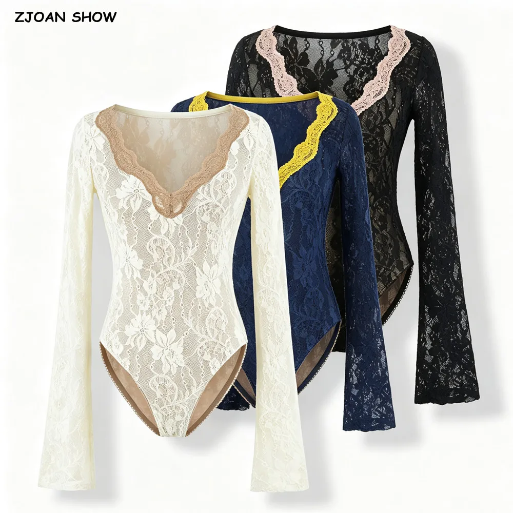 Women Sexy Contrast Color V Collar See Through Lace Flower Flare Sleeve Bodysuit Tight Short Jumpsuit Slim Fit Rompers Playsuits
