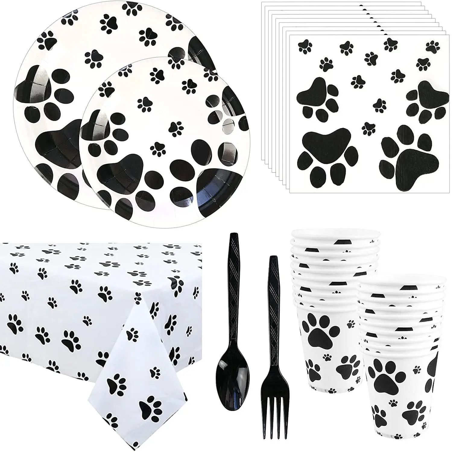 Black Puppy Paw Themed Birthday Party Tableware Decorations Dog Paw Party Supplies Print Banner Paper Plates Cup Napkins Balloon