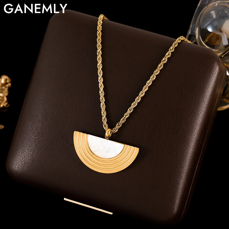 GANEMLY 316L Stainless Steel Geometric Half Circle Pendant Necklace For Women Trendy 18K Gold Plated Twisted Chain Jewelry Gift