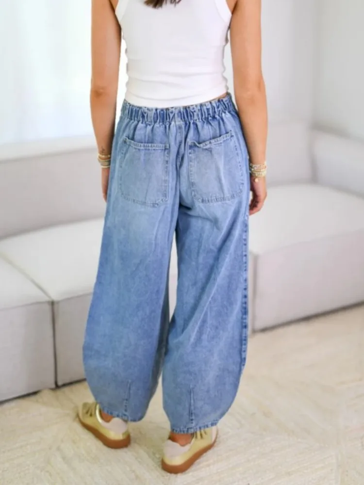 Trendy Casual Jeans Spring Summer Women's Clothing Street Commuting Multiple Pockets Waist Elastic Drawstring Loose Female Pants