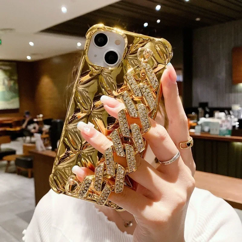 Glitter Golden Strap Phone Cases for Iphone 16 Pro Max15 14 13 11 Xr X Xs Soft Fundas Shockproof Covers Camera Protection Coques