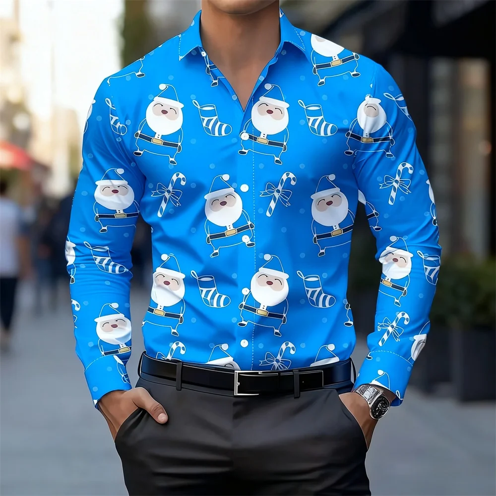 Christmas Long Sleeve Shirt Lapel Men's Button up Shirt Autumn Christmas Snowman 3D Print Long Sleevemen's Holiday Party Tops