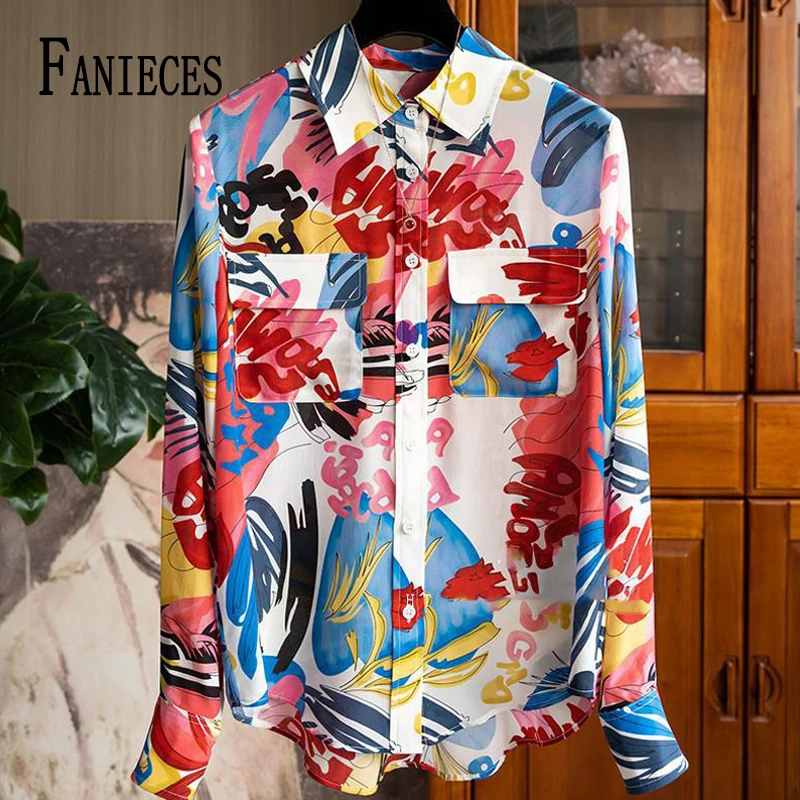FANIECES Autumn Chiffon Red Printing Shirt for Women Blouses рубашка женская Long Sleeve Korean Button Casual Tops Streetwear