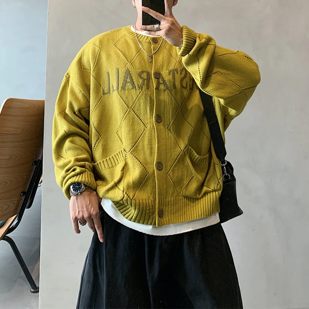 Korean Style Hip Hop Oversized Quilted Knitwear Cardigan For Men Women Streetwear Loose Fall Trendy Fashionable Sweater Coat
