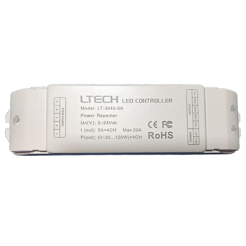 

LTECH New Led RGBW Strip Power Repeater DC 5-24V 5Ax4CH 20A 4 Channel Output PWM CV Constant Voltage Amplifier LT-3040-5A