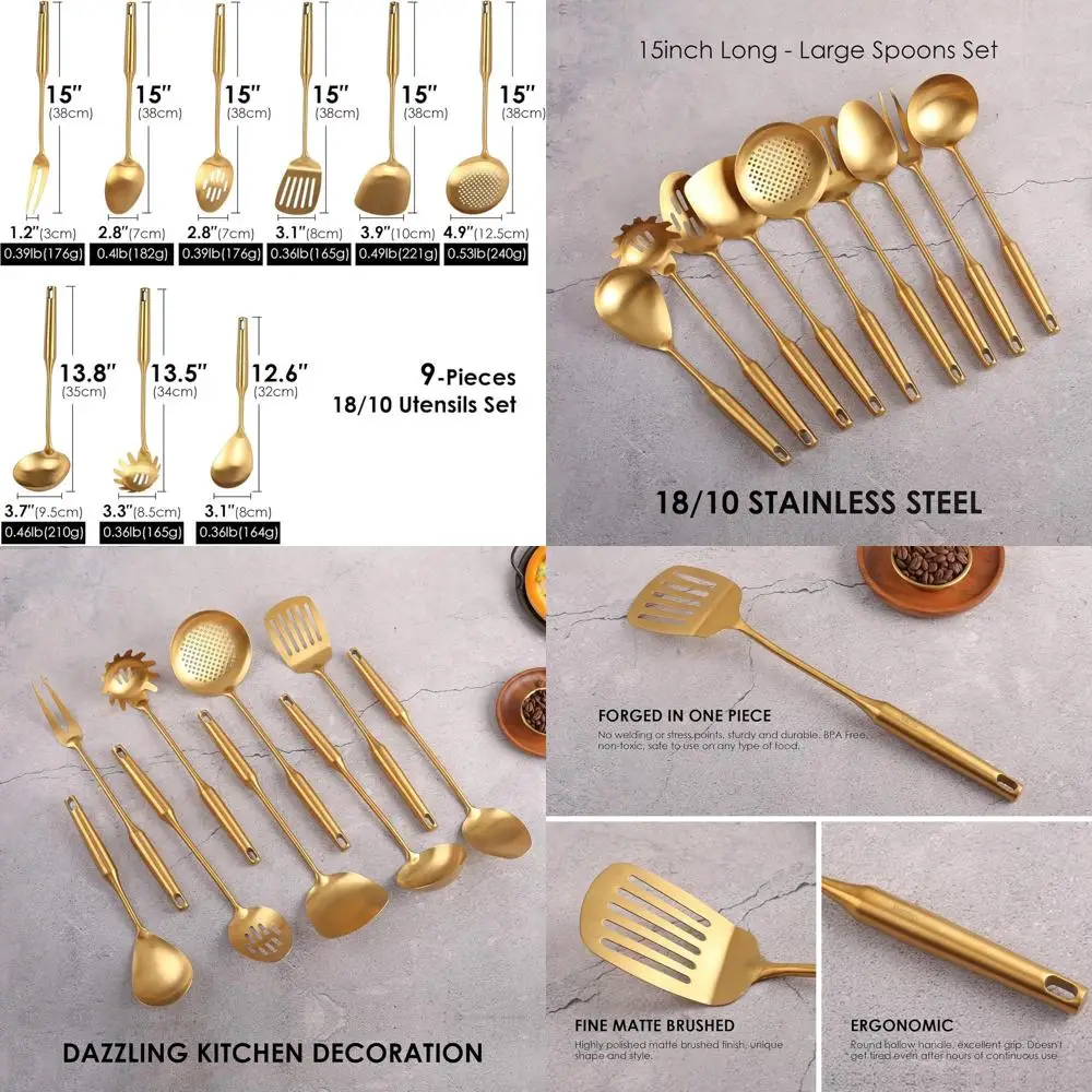 

Stainless Steel 18/10 Kitchen Utensil Set - 15-Piece All Metal Cooking Tools with Serving Spoons, Spatulas, and More