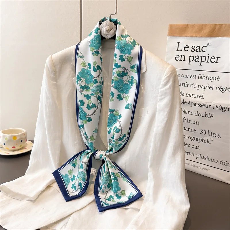 Summer Fashion Satin Skinny Scarf 145x12cm Bag Ribbon Neck Foulard For Women Lightweight Floral Print Hair Band Neckerchief