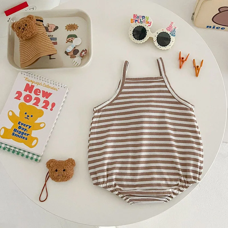 여아용 귀여운 곰 스트라이프 점프수트, 유아 슬링 원피스, 0-2T 얇은 스타일 바디 수트, 2024 여름 신상