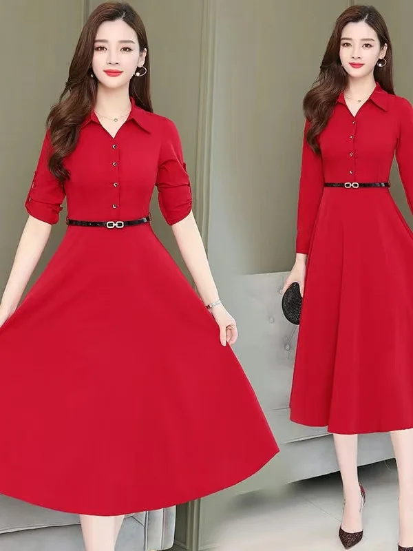 2026 New plus Size Women's Dress Conceals Belly Loose Long Sleeve Slimming A-Line Korean Style Maternity Clothes for Middle-A...