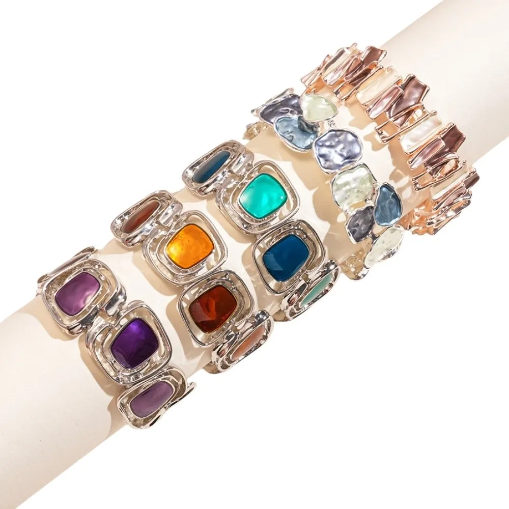 Pulseira geométrica irregular colorida óleo rosa à prova d'água pulseira elástica esmaltada circular patchwork pulseira de mão feminina