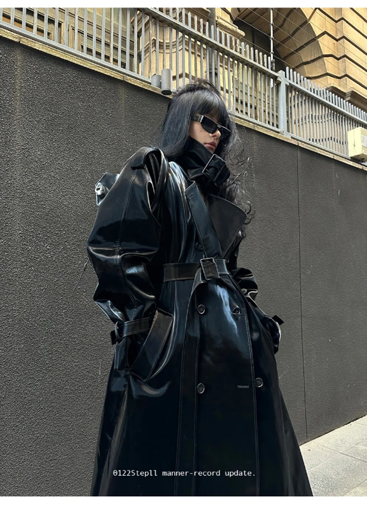 Lautaro Spring Autumn Extra Long Oversized Cool Reflective Shiny Black Patent Leather Trench Coat for Women Belt Runway Fashion