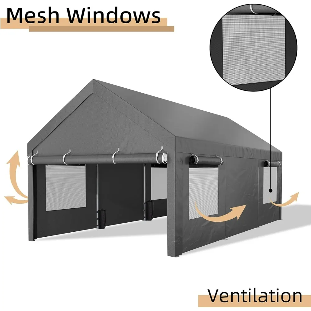 JY QAQA Carport، 10x20 FT أقطاب فولاذية معززة للخدمة الشاقة مع جدران وأبواب جانبية قابلة للإزالة، مظلة سيارة ذات نوافذ قابلة للطي